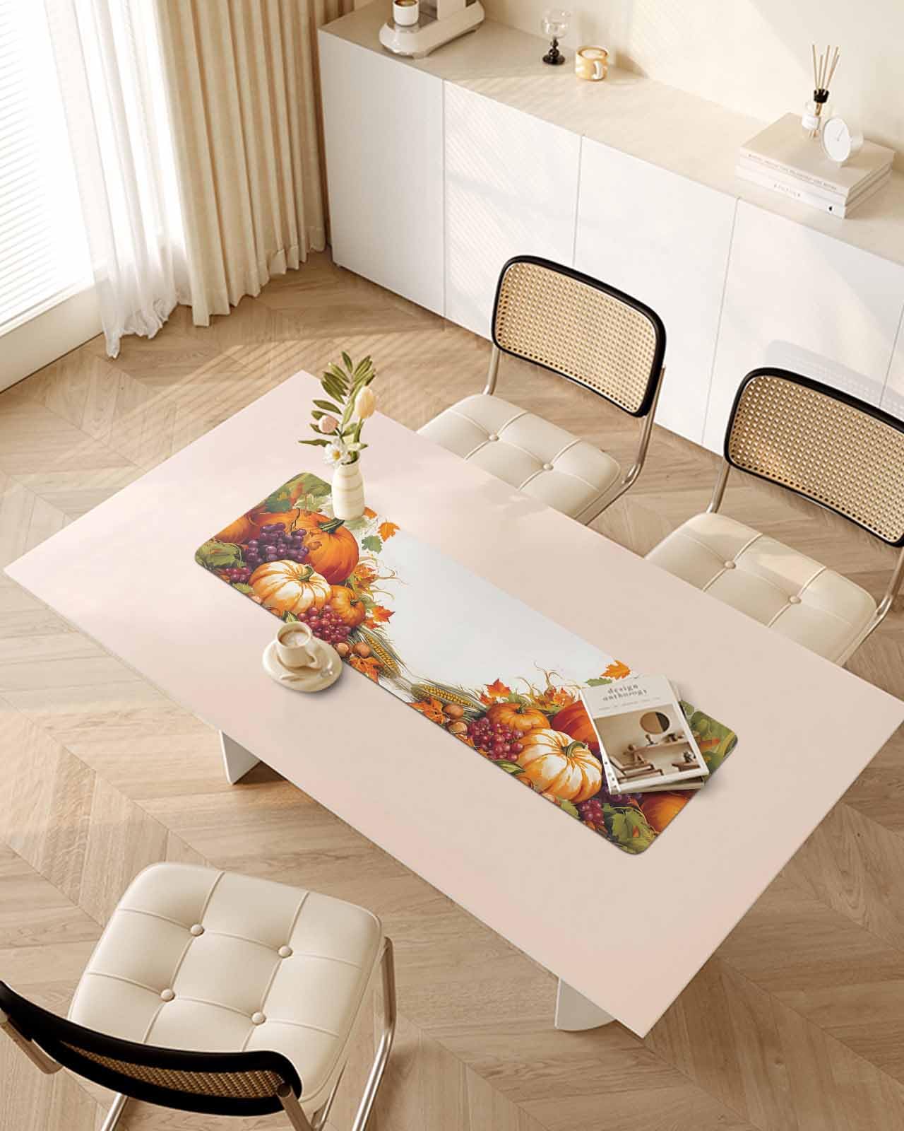Debedcor Heat Proof Table Pads Waterproof Decorative, Orange Pumpkins Fall Non-Slip Table Countertop Protector, Thanksgiving Grapes Maple Leaf Insulation Mat for Dining Room, 48 x 12 Inches