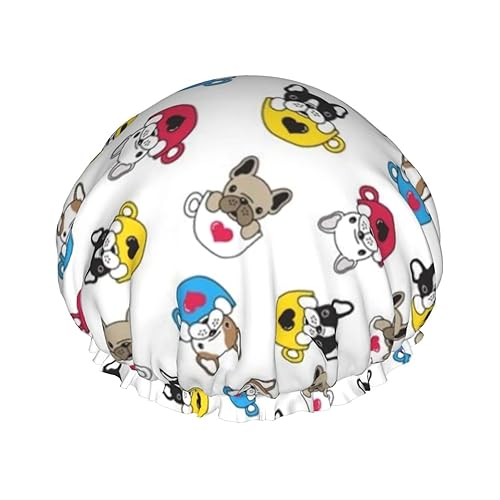 Gorros de ducha de Bulldog francés para mujer, impermeables, reutilizables, ajustables y de doble capa con dobladillo elástico