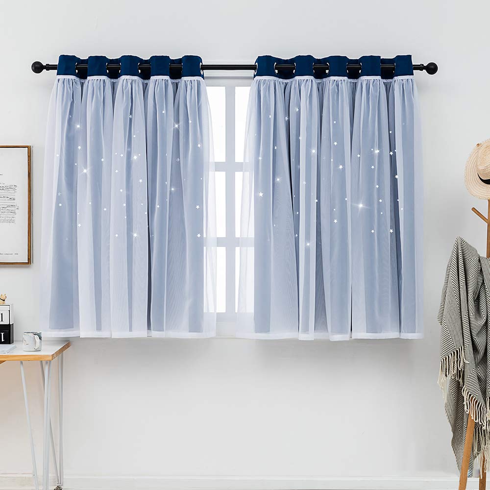 QINUO HOMEBlackout Curtains With Sheer for Girls -66 by 54 inches Navy, 2 Pcs Nursery Room Darkening Eyelet Star Curtain for a Good Sleep Cut Out Curtains for Home Decoration & Noise Reducing
