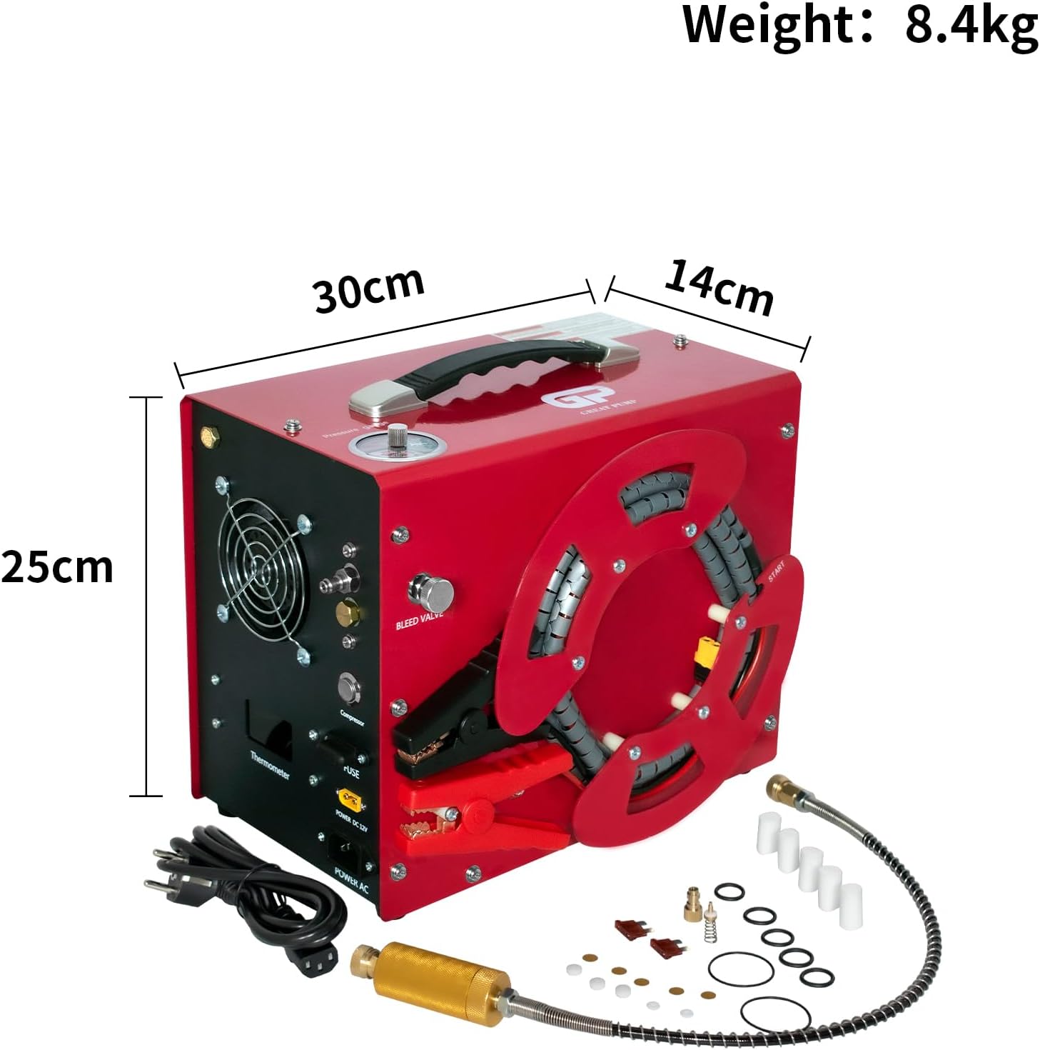 TUXING TXES062 PCP Air Compressor with included accessories and dimensions