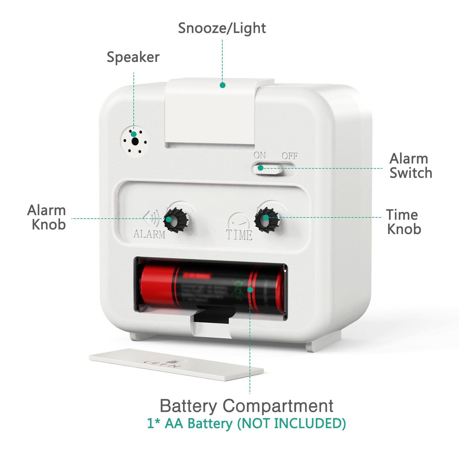 ORIA Reloj Despertador Analógico, Despertador Silencio Sin Tictac, Función de Repetición y Luz, Funciona con Pilas, Alimentado por 1 Pila AA (No Incluida) - Blanca