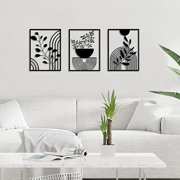 Pduoduo 3 Panels Abstract Metal Boho Wall Decor,Modern Geometric Wall Art for Home Bedroom Living Room(15.7x 11.8in)