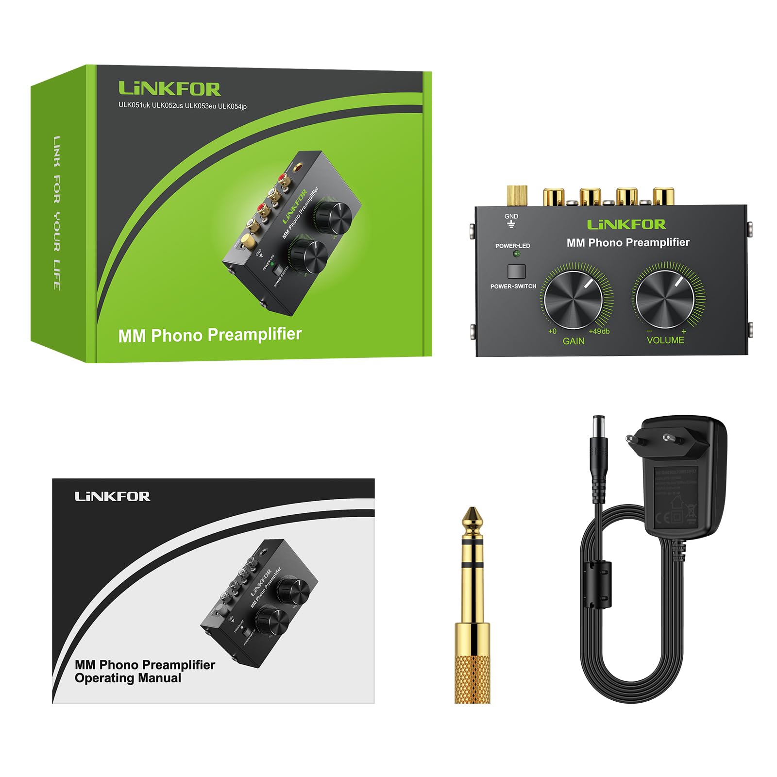 LiNKFOR Phono-Vorverstärker Phonograph-Vorverstärker Ultra-Kompakter Vorverstärker mit Netzschalter Lautstärkeregler Cinch Eingang/Ausgang 1/4'' TRS-Ausgang DC 12V für Plattenspieler mit MM-Abtast