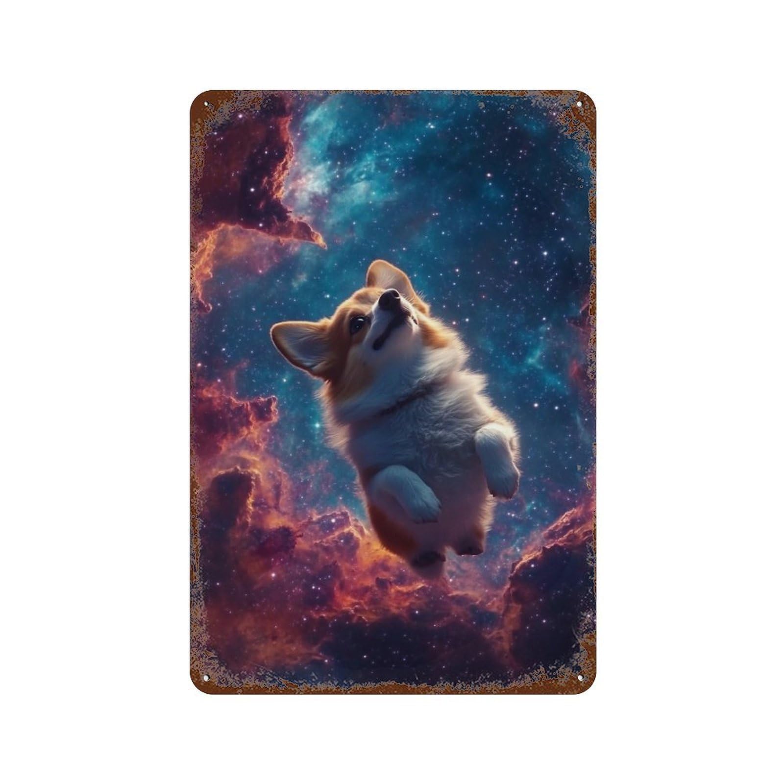 Corgi in Space Adventure Aged Metal Wall Plaque 11.8"x7.9", Industrial Home Decor for Pub, Kitchen And Man Cave Decor