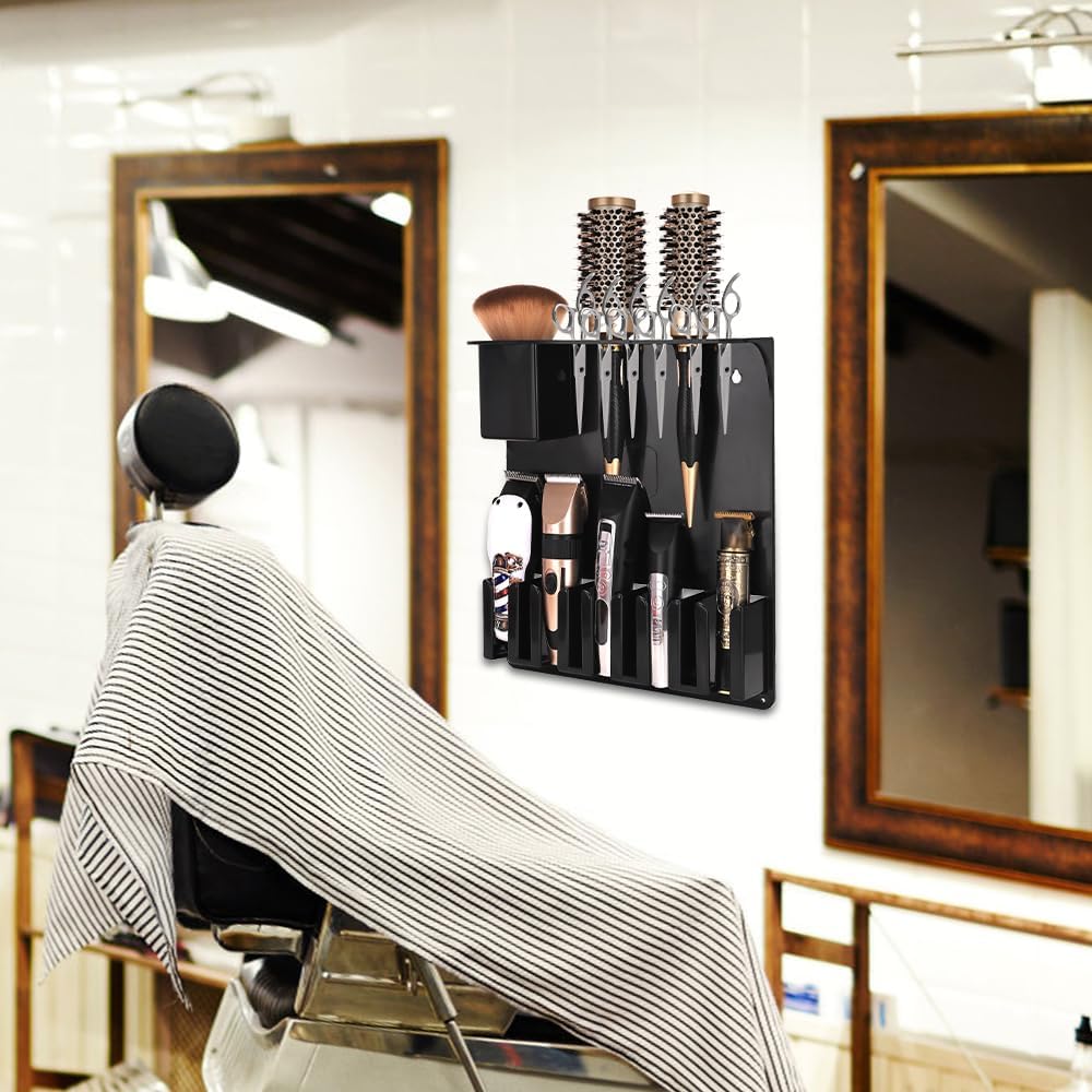 Clipper Holders Barbers Organizer, 13" x 12" x 3" Wall-Mounted Multi-Functional Hair Styling Tool Storage Stand for Clipper, Scissors, Comb, Curling Irons - for Salon, Home Bathrooms, with Screws Kit