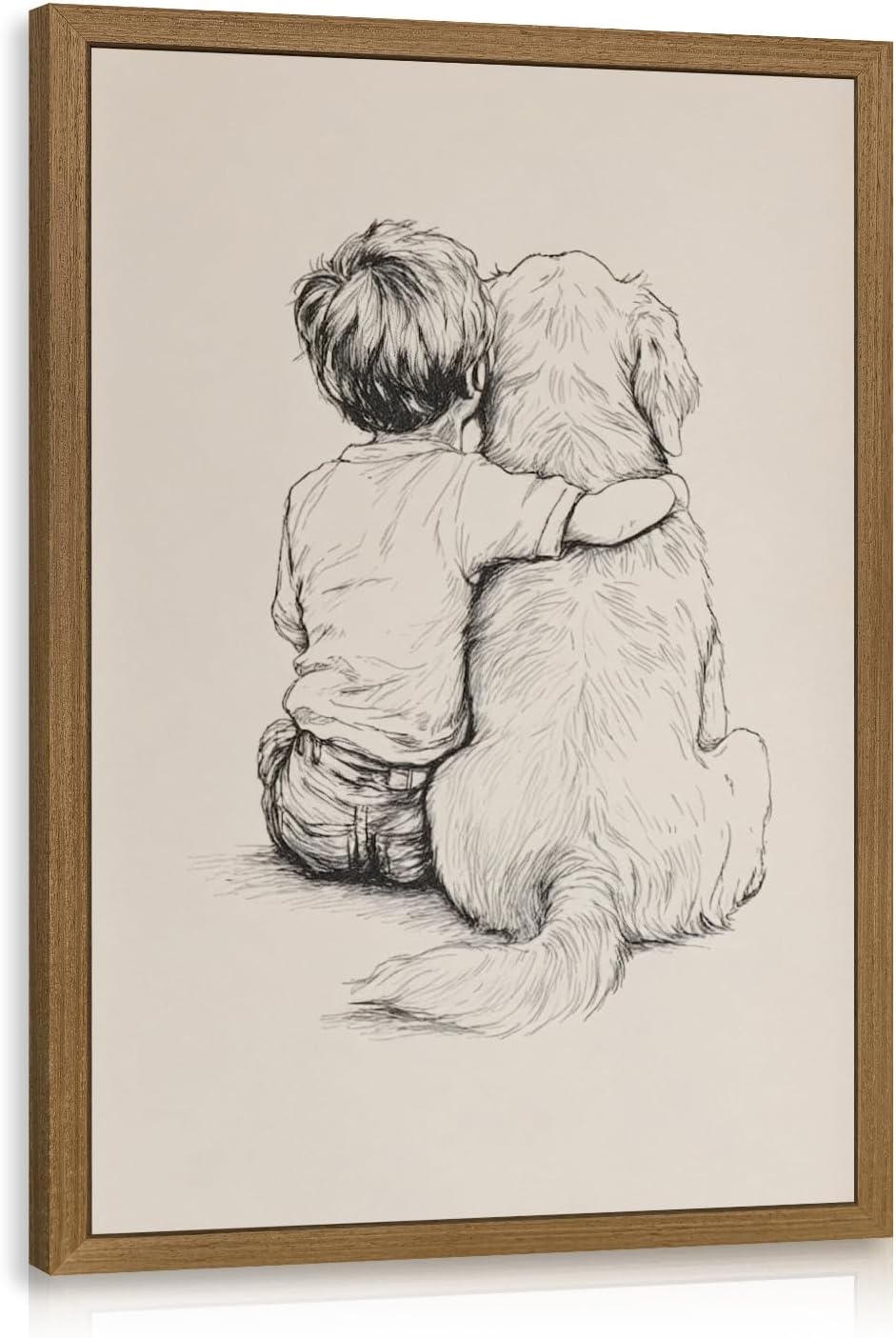 LERVR Wood Framed Boy and Dog Wall Art, Sweet Friendship Canvas Print, Boy Hugging Dog Sketch Wall Decor, Minimalist Line Drawing Dog Lover Artwork for Living Room Bedroom Kids Room 12x16 Inch