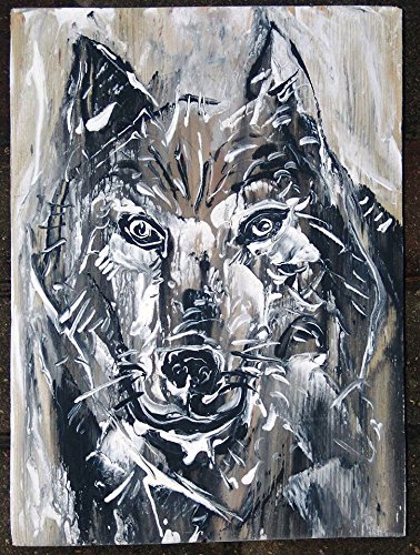 Wolf painting on recycling wooden board original artwork gift