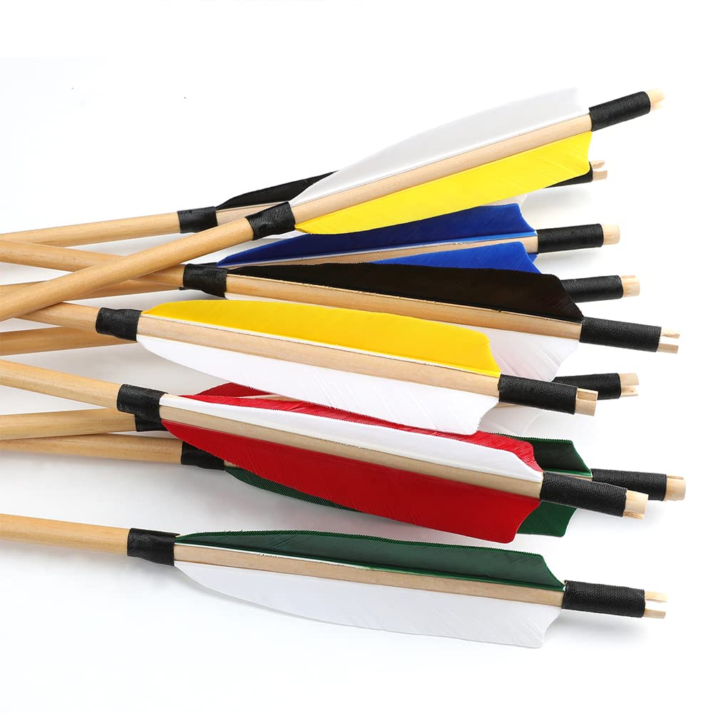 SHARROW Tir à l'arc Flèches de Bois Flèches de Chasse Traditionnelles Arbre de Flèche en Bois avec 5" Plumes Naturelles pour Arc Traditionnel Longbow