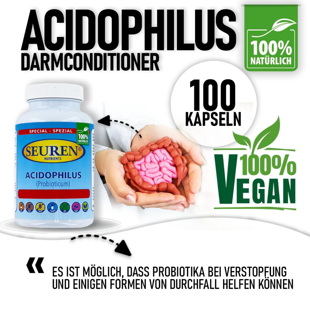 Seuren Nutrients | Acidophilus acondicionador intestinal 100 cápsulas Probiótico Sin gluten | Sin lactosa | Sin azúcar 100% natural