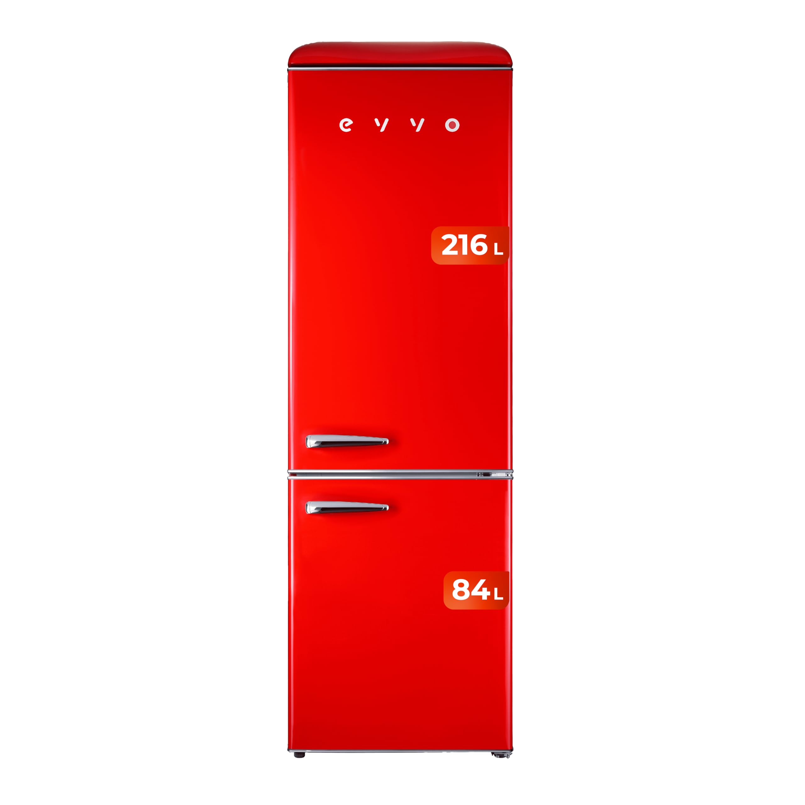 EVVO Frigorífico Combi, Acabado Retro, Refrigerador 216 litros, Congelador 84 litros, diseño vintage, cajón Crisper Zone, Turbo fan, libre de gas CFC, silencioso (Color Rojo)