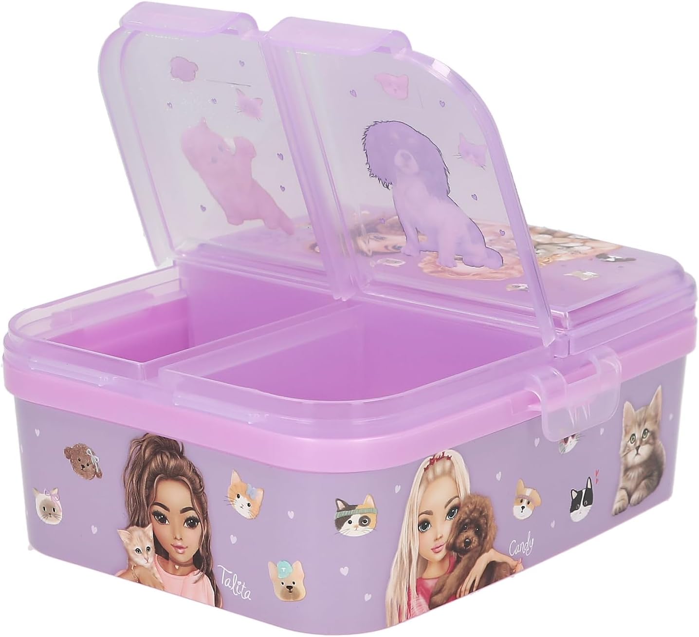 Depesche TOPModel Kitty and Doggy 13518 Lunch Box in Purple with Model Motif, Dogs and Cats, Lunch Box with 4 Compartments and Hinged Lid