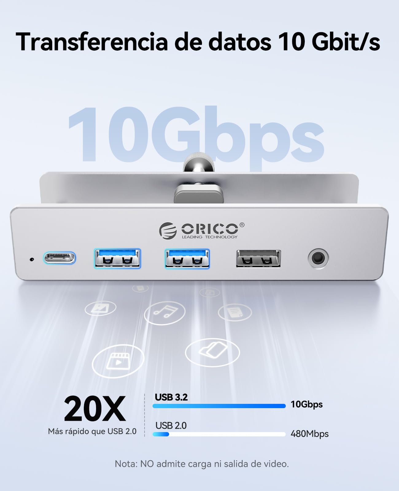 ORICO Estación de Acoplamiento con Clip, Hub USB-C 8 en 1 con HDMI 4K@60Hz, PD 100W, Ethernet Gigabit, 4xUSB, AUX, 10Gbps | para Portátil, MacBook, PC (Adaptador no Incluido)