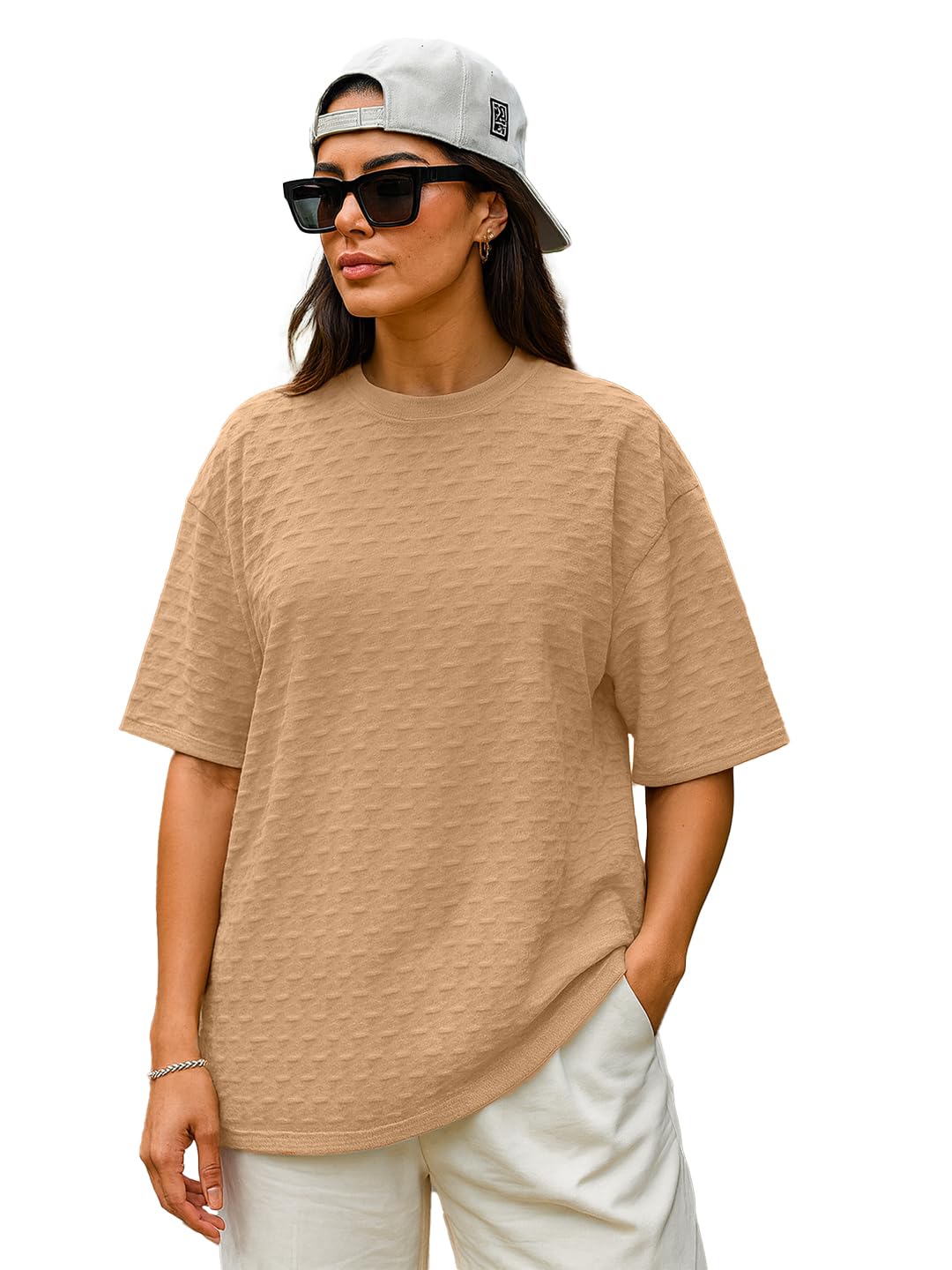 Cottonblend Half Sleeve Oversized Tshirt for Women, Round Neck Longline Solid Texture Drop Shoulder Baggie T-Shirt (Color Peach)-image-4