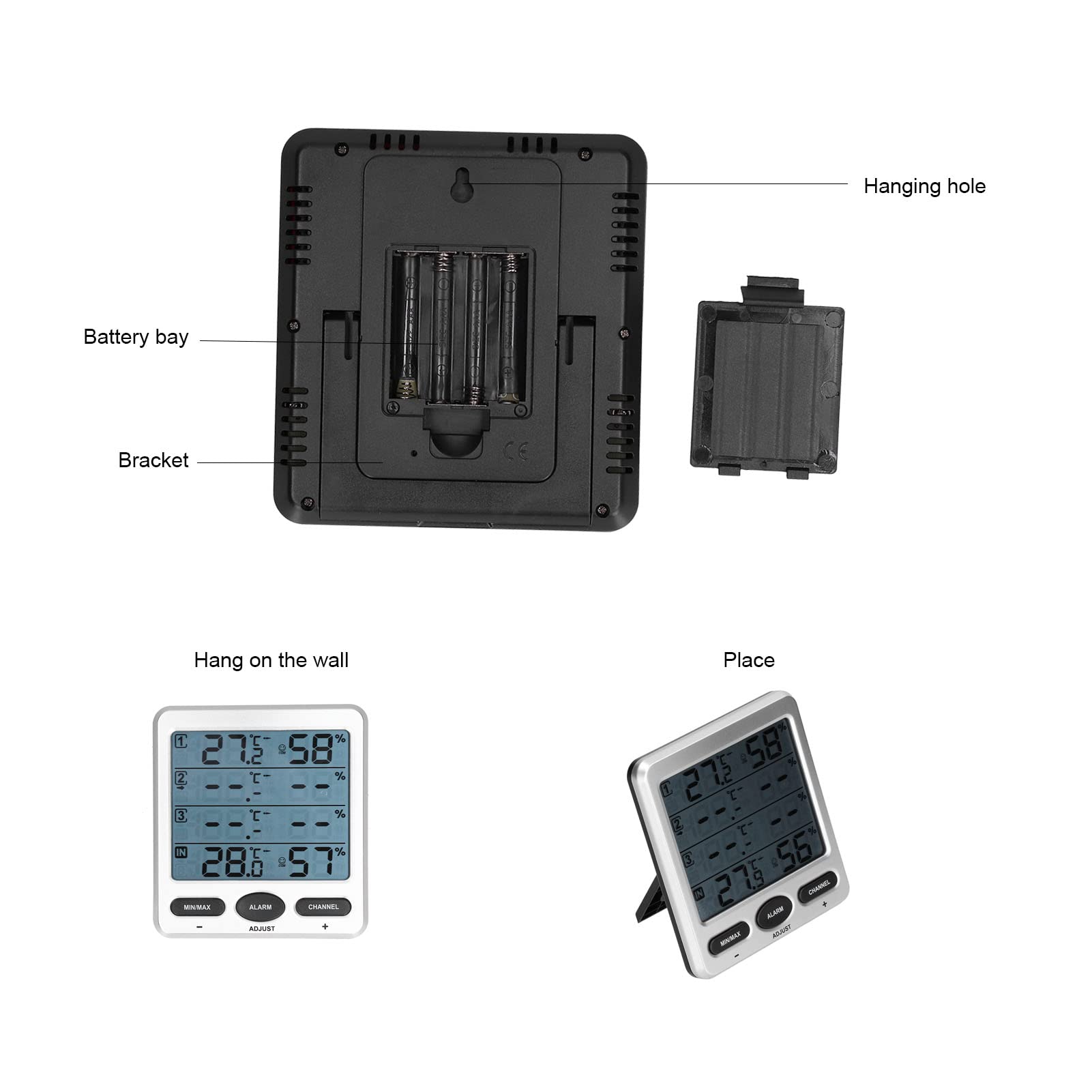 Innen- und Außenthermometer-Hygrometer mit 3 Fernsensoren, LCD-Digital-Temperatur-Feuchtigkeitsmonitor mit Scroll-Modus und Alarm, 433-MHz-Funkübertragung bis zu 100 m
