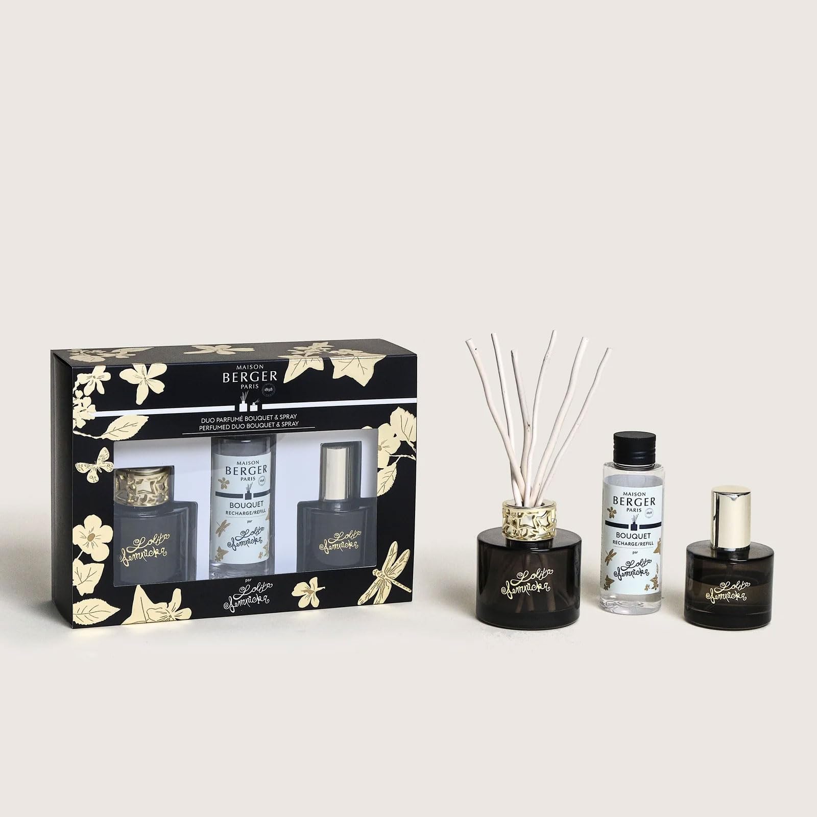 MAISON BERGER Duo Mini Bouquet & Innenspray, lackiertes Glas, 90 ml & 50 ml, Diffusionsdauer 3 Wochen, 450 bis 550 Sprühstöße (Lolita Lempicka Black Edition)