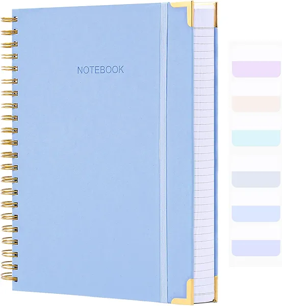 Spiral Notebook, College Ruled Notebook, 8.5" x 11", 300 Pages Hardcover Leather Notebook Journal for Women Men, A4 Large Lined Journal Notebooks for Work School, 24pcs Index Tabs, Thick, Light Blue