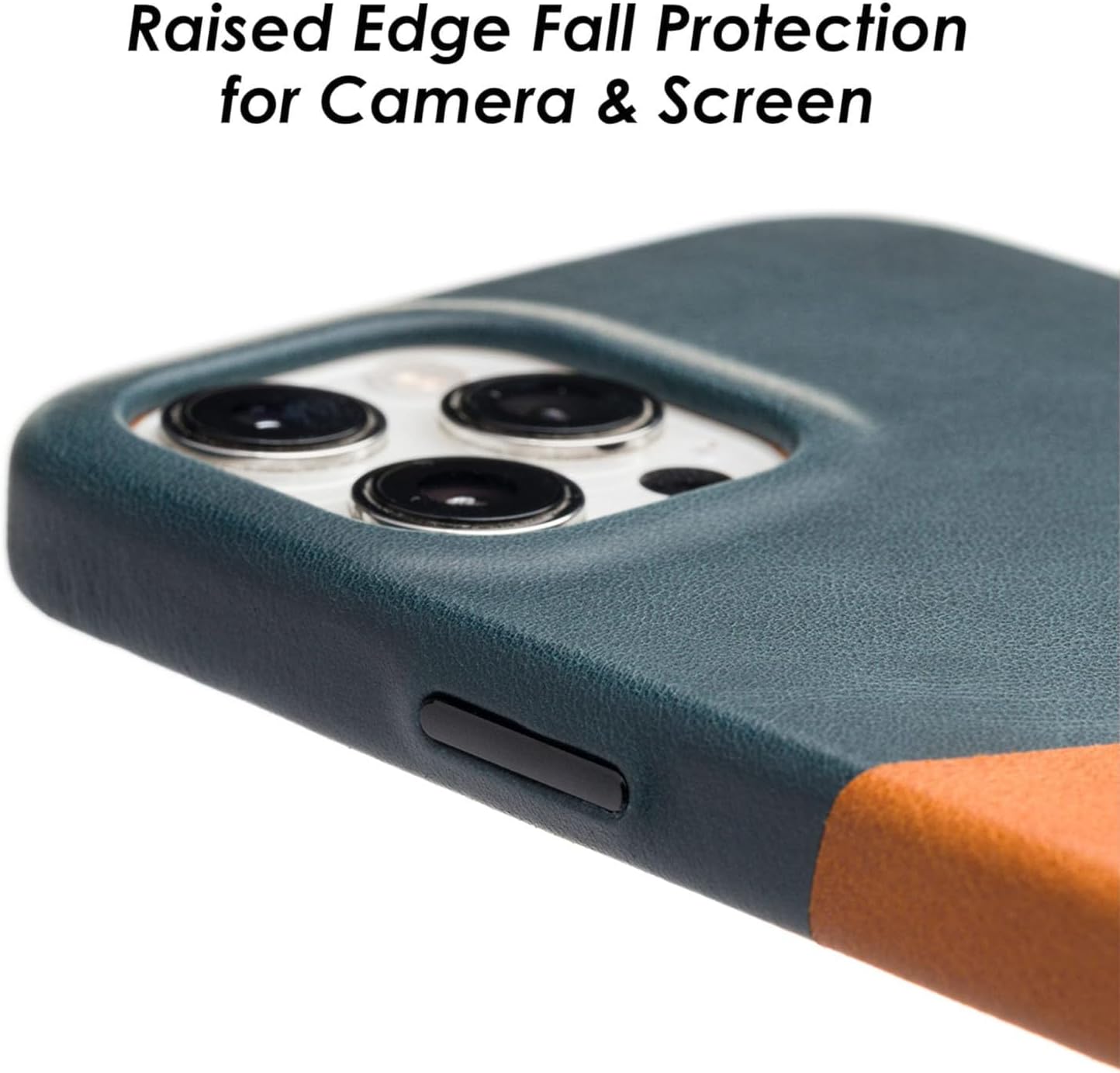 Wilken Leather Slim Phone Case Compatible with iPhone 14 Pro Max | Compatible with MagSafe & Wireless Charging | Premium Top-Grain Leather Cover with Metal Buttons (14 Pro Max, Tan/Blue) - Image 2