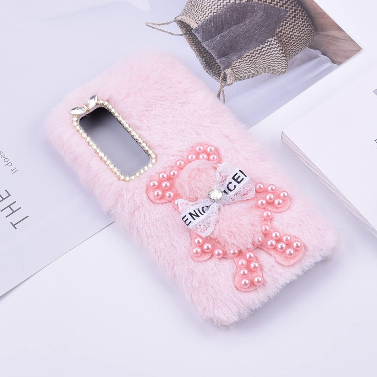 YKTO Peluche Coniglio Custodia per TCL 40 SE Cover Shiny Bow Pearl Bear