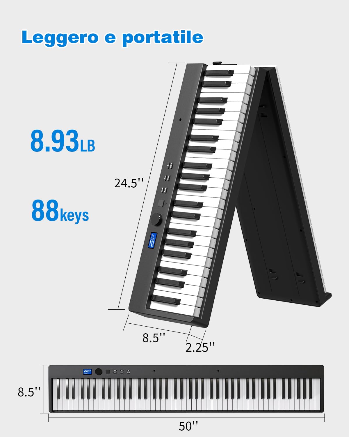 Pianoforte digitale pieghevole a 88 tasti, tastiera semiponderata di dimensioni originali, Bluetooth MIDI, pianoforte elettrico portatile con pedale di sostegno, leggio e borsa per il trasporto