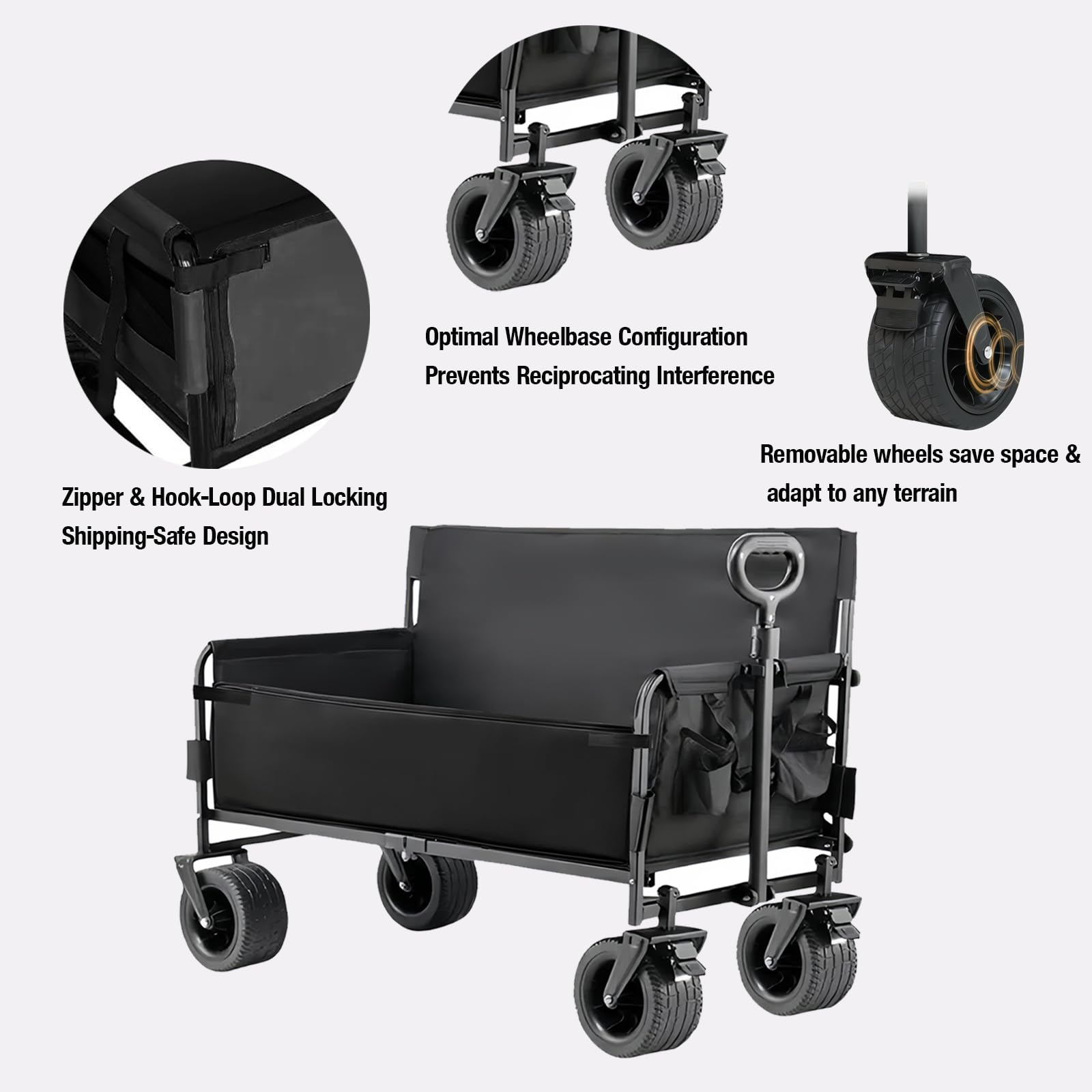 Nine point nine Bollerwagen Faltbar Umbaubar zur Bank, 445LBS Tragkraft Bollerwagen, Handwagen Mit Flexiblem Griff, Strandwagen Mit Rädern (008 Black)