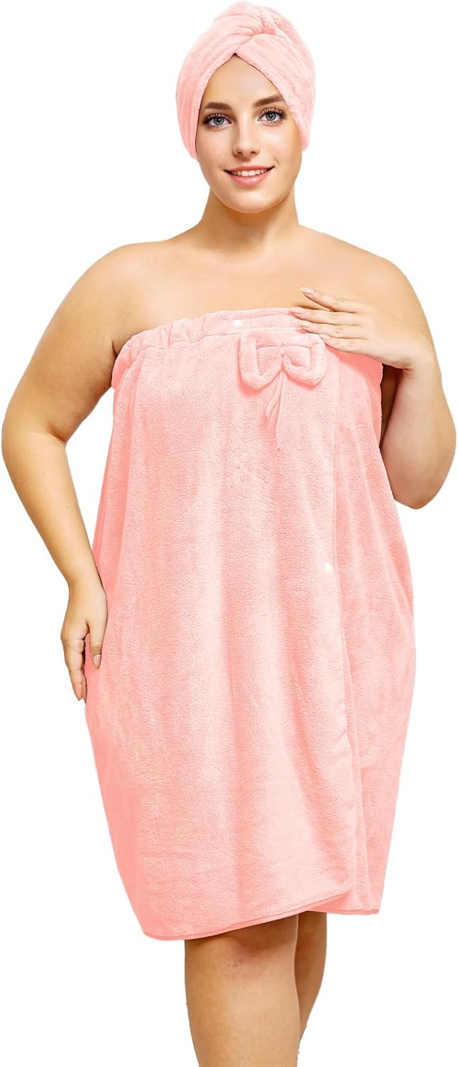 Plus Size Towel Wrap with Hair Towel for Women(XXL-XXXXL), Adjustable Women Shower Wrap Body Wrap Bath Towels, Comfortable Spa Bathrobe + Hair Drying Towel, Pink