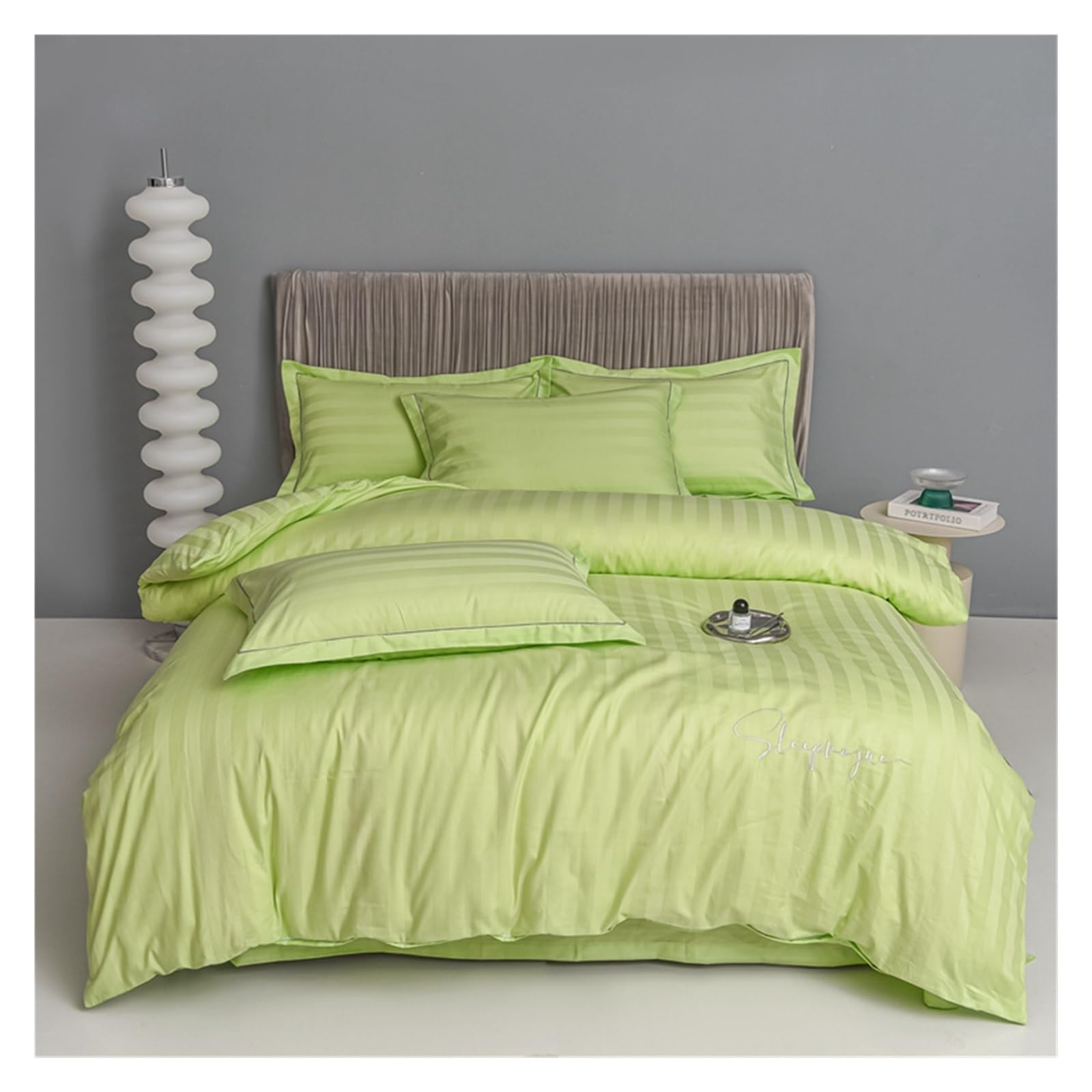 FYIYIEW double duvet set, Sliver Grey Stripes 100% Egyptian Cotton Jacquard Bedlinens Queen King Size Set