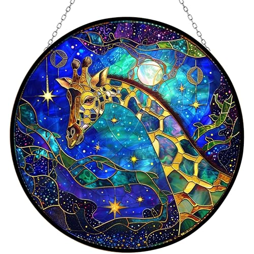 365CUSGIFTS Stained Glass Window Hanging - Giraffe Suncatcher Ready to Hang Window Doors Home Decoration and Christmas, Mother's Day Birthday Gifts for Women, Men, and Mom 7.8x7.8 in