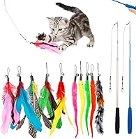 JIARON Cat Feather Teaser Toy: 2 Retractable 38" Wands + 10 Bell Refills, Interactive Wand for Exercise, Chasing & Bonding with Kittens