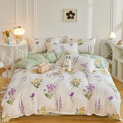 Kimko Botanical Flower Duvet Cover Set,Soft Natural Aesthetic Floral Quilt Cover For Bed,Home Cozy Easy Care And Durable【4Pcs -1 Duvet Cover +1 Flat Sheet + 2 Pillowcases】 (# Floral, Queen) #TOP25