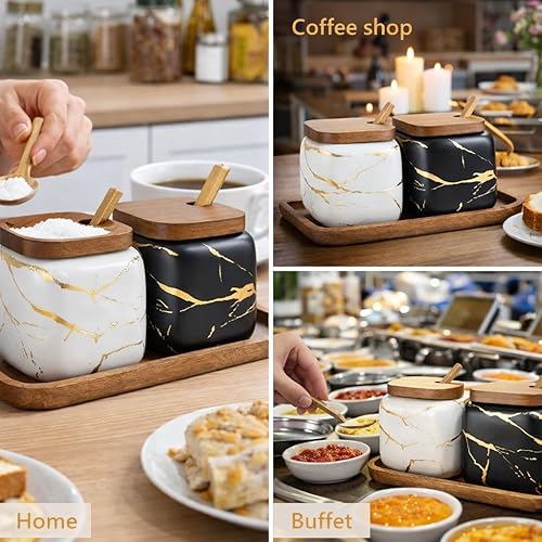 Miniatura 3 de 2 juegos de tarros de cerámica con tapa de madera y cuchara de madera (negro y blanco)