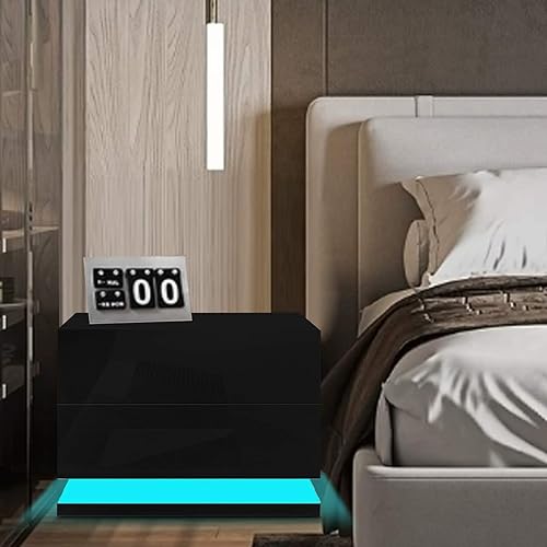 Miniatura 6 de Mesita de noche con cajón mesita de noche rectangular moderna de madera con retroiluminación LED multicolor gabinete con 2 cajones gabinetes para