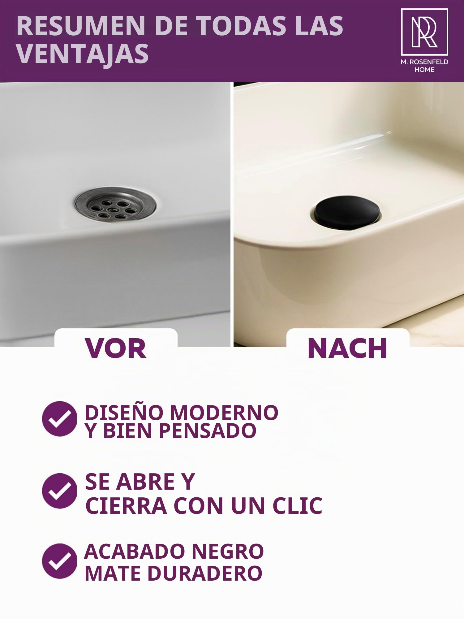 Desagüe de lavabo con rebosadero, sifón negro, Pop Up + Sifón universal de tubo para lavabo, cierre de olor de latón M. ROSENFELD HOME