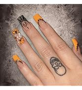 LANOVA Halloween Medium Coffin Rhinestone Spider Press on Nails,Orange Tips Little Devil Patch De...