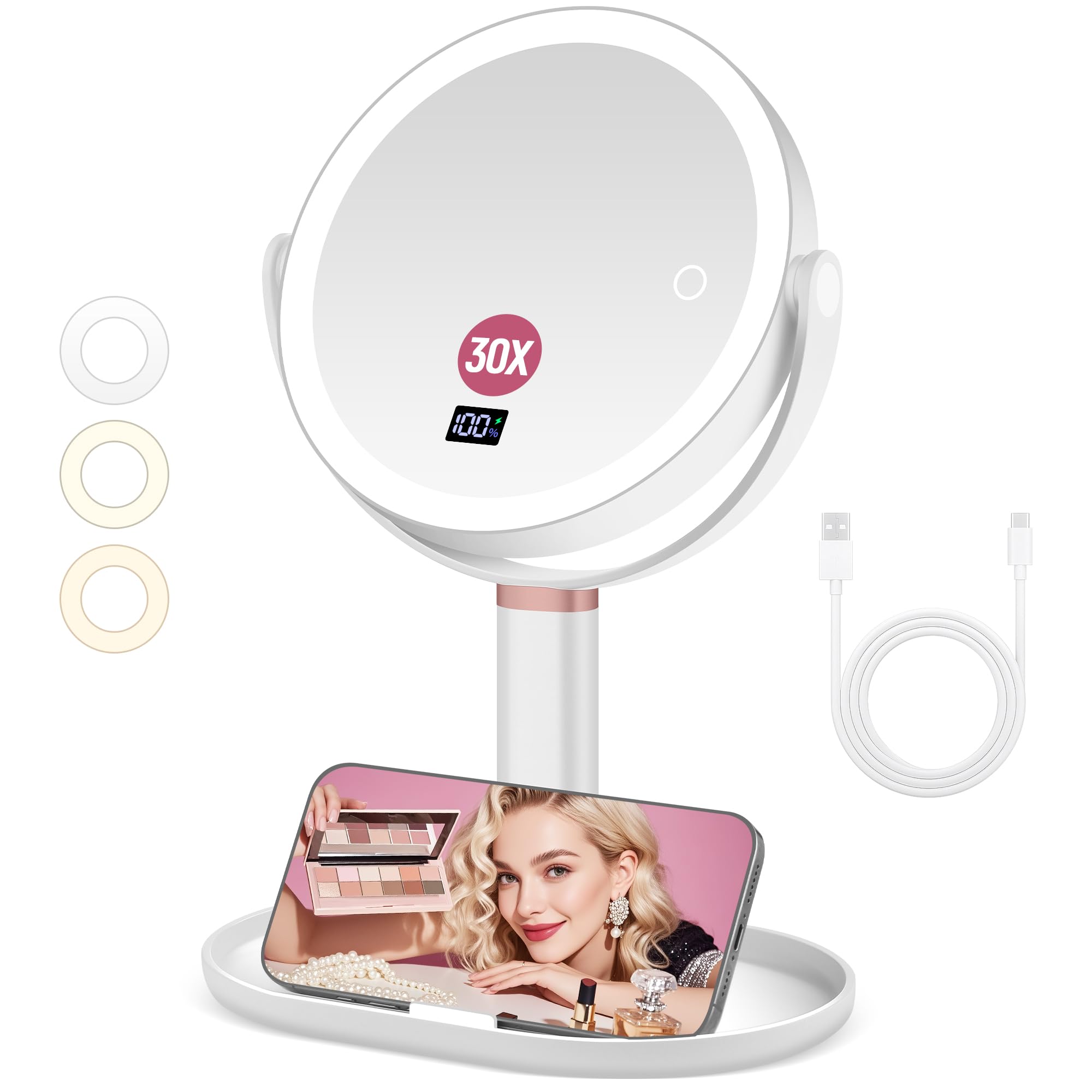 B Beauty Planet Espejo Maquillaje con Luz, 30X/1X Espejo Aumento con Luz, Doble Cara, Espejo de Maquillaje Iluminado Pinzas, 3 Modos de Color con Brillo y Altura Ajustable (Blanco)