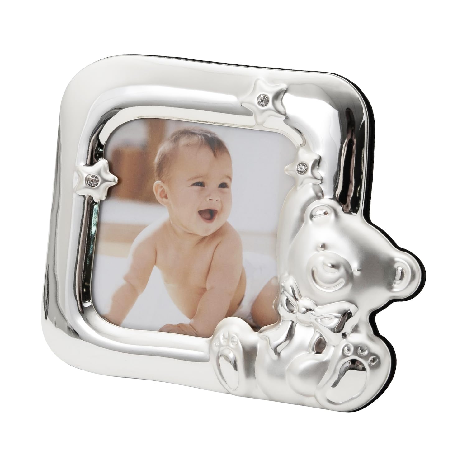 Happy Homewares Silver Plated Square Shaped Smiling Teddy Bear Baby Photo Frame With Small Diamante Crystal Stars | Black Felt Backing