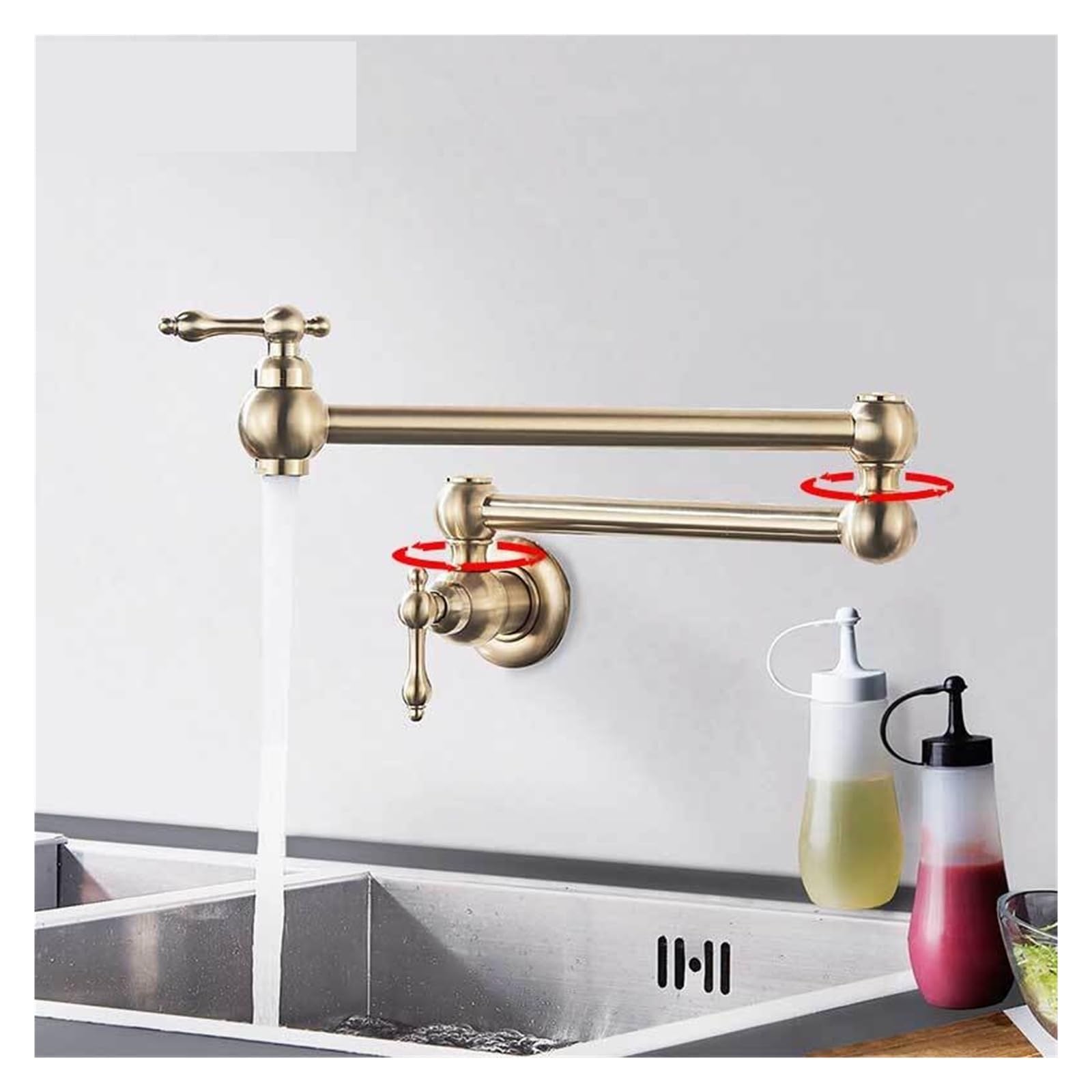 Grifos mezcladores para Fregadero Grifo de Cocina Pared Lavabo baño Agua fría caño Giratorio Plegable tocador latón la mayoría los escenarios (Dorado Cepillado D)
