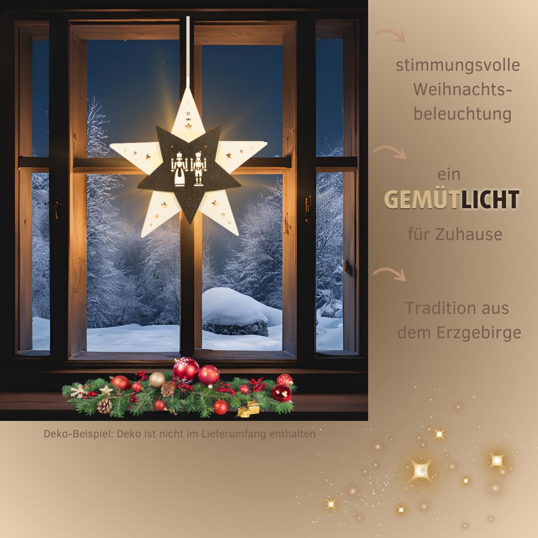 weigla - Fensterbild original Erzgebirge Stern Engel & Bergmann I Weihnachtsdeko Fenster I 1 LED Lampe I 0,8 W, E14 I Fensterbild Weihnachten I Weihnachtsbeleuchtung Holz I Fensterdeko hängend