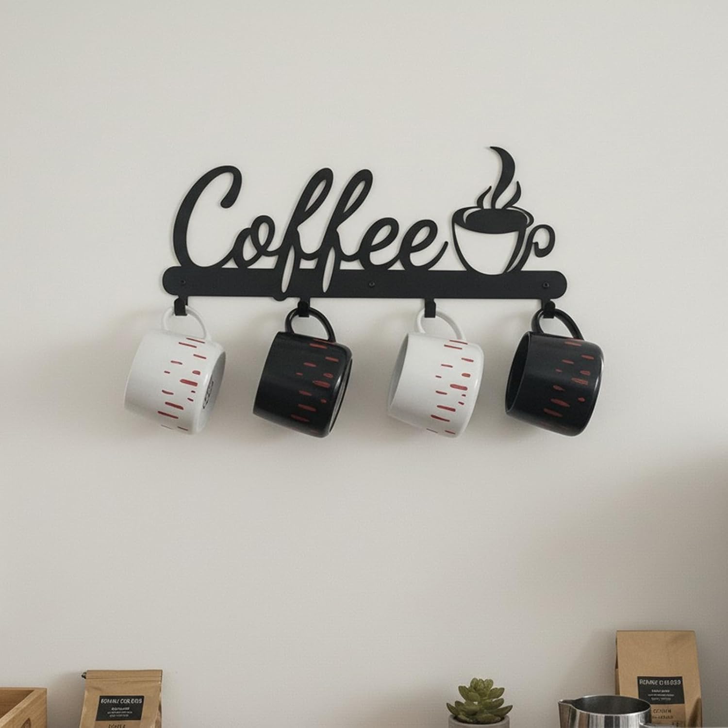 Black Metal Wall Mounted Coffee Mug Holder,with 4 Hooks and Metal Sign Modern Coffee Sign for Kitchen, Bar Station Accessories Decor