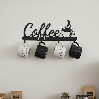 Black Metal Wall Mounted Coffee Mug Holder,with 4 Hooks and Metal Sign Modern Coffee Sign for Kitchen, Bar Station Accessories Decor