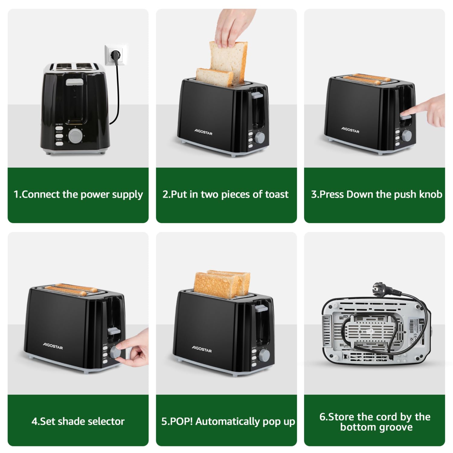 Aigostar Warrior 30JRL – Tostador para dos rebanadas con 7 niveles de tostado, 750 W de potencia, función descongelación y recalentar. Libre de BPA, color negro. Diseño exclusivo.