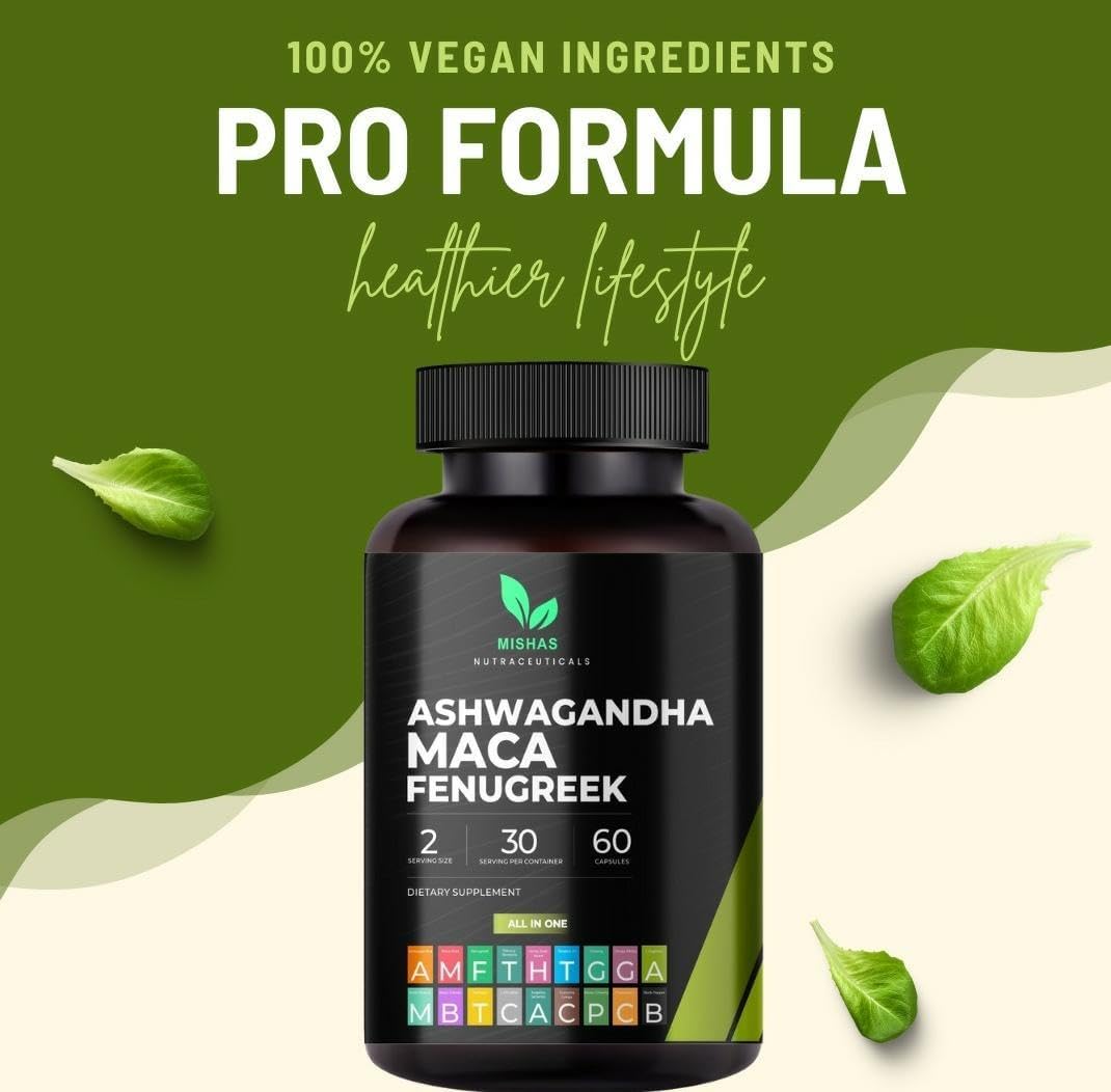 Mishas Nutraceuticals Ashwagandha, Maca Root, Fenugreek Supplement with Ginseng – Supports Stress Relief, Mood Balance & Thyroid Health – 60 Capsules - Image 6