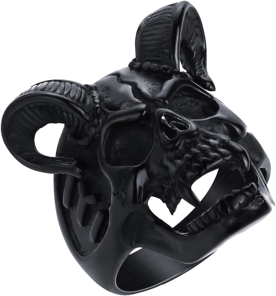 Men's Cool Horn Goat Skull Ring Stainless Steel Motorcycle Biker Zombie Vampire Skull Ring Size 7-13
