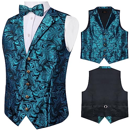 DiBanGu 5PCS Men's Suit Vest and Bow Tie Pocket Square Cufflinks Lapel Pin Set Shawl Collar Paisley Waistcoat Wedding Party3