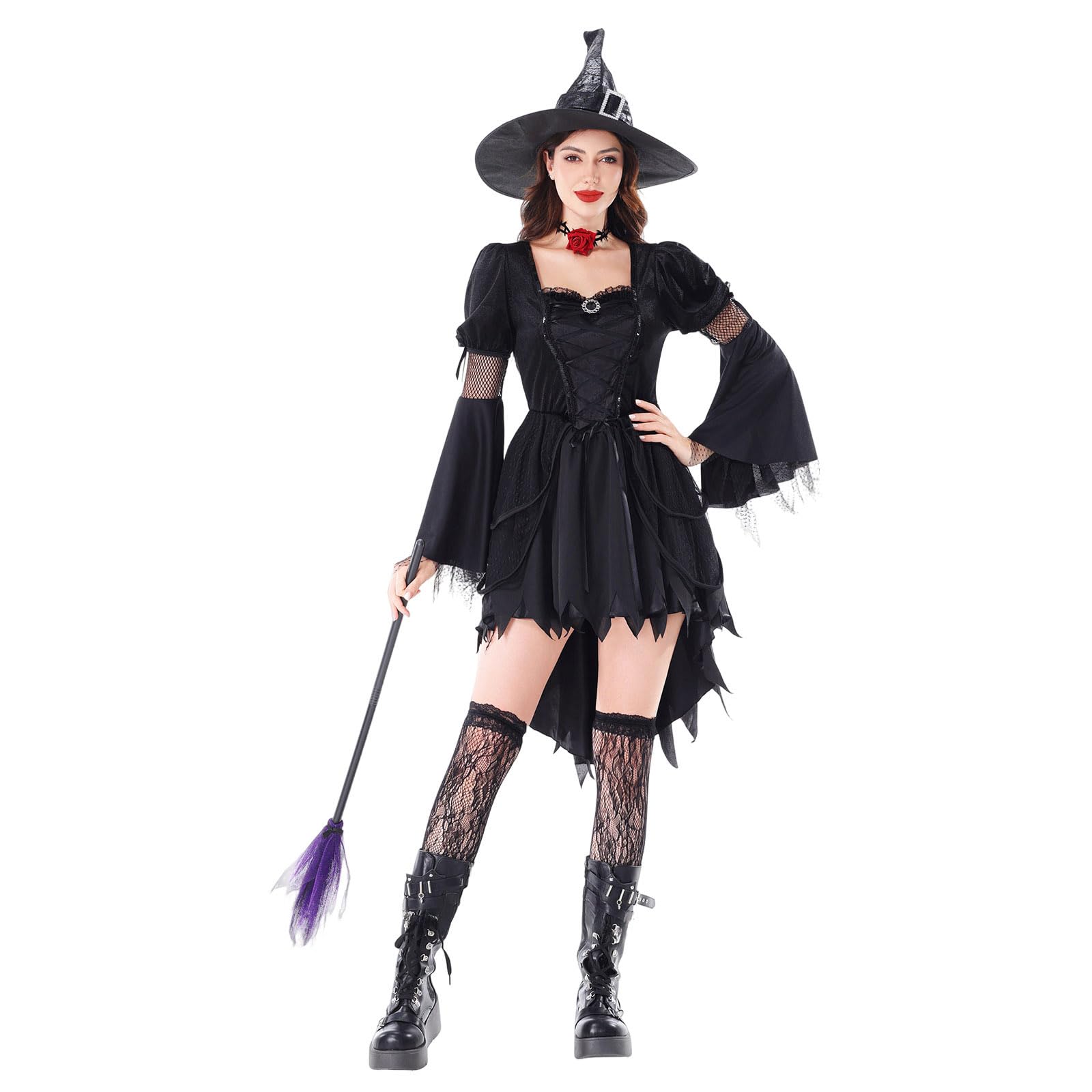 Vestido Gótico Mujer Terciopelo Volantes Encaje Falda Amplia Manga Larga Campana Vestido de Fiesta Temático Halloween Disponible Temporada Época Renacimiento con Cinturón Corsé Ajustable Ancho Retro