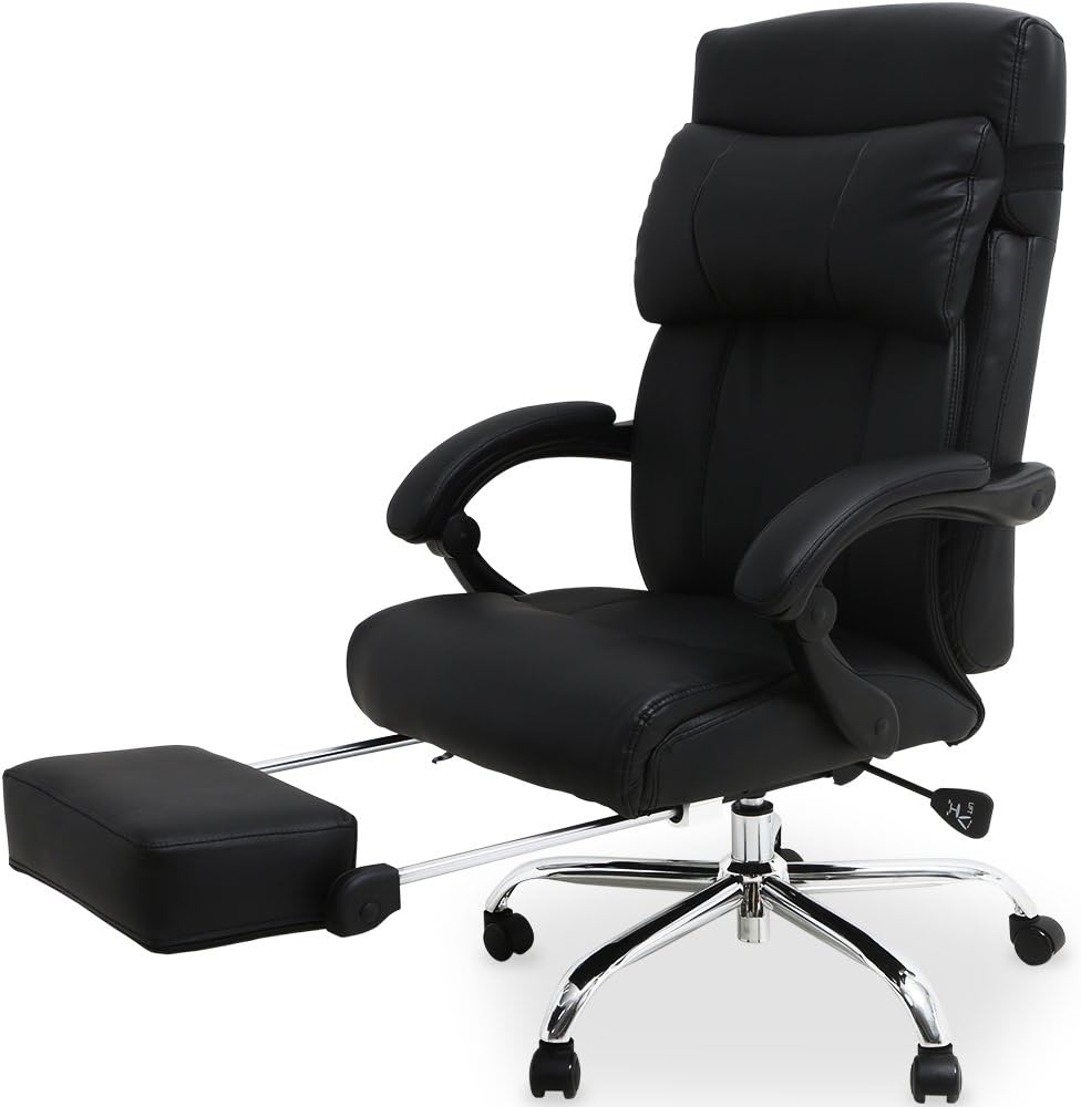 Amazon Lowya ロウヤ パソコンチェア 椅子 デスクチェア リクライニング フットレスト格納 レザー ブラック デスクチェア 文房具 オフィス用品