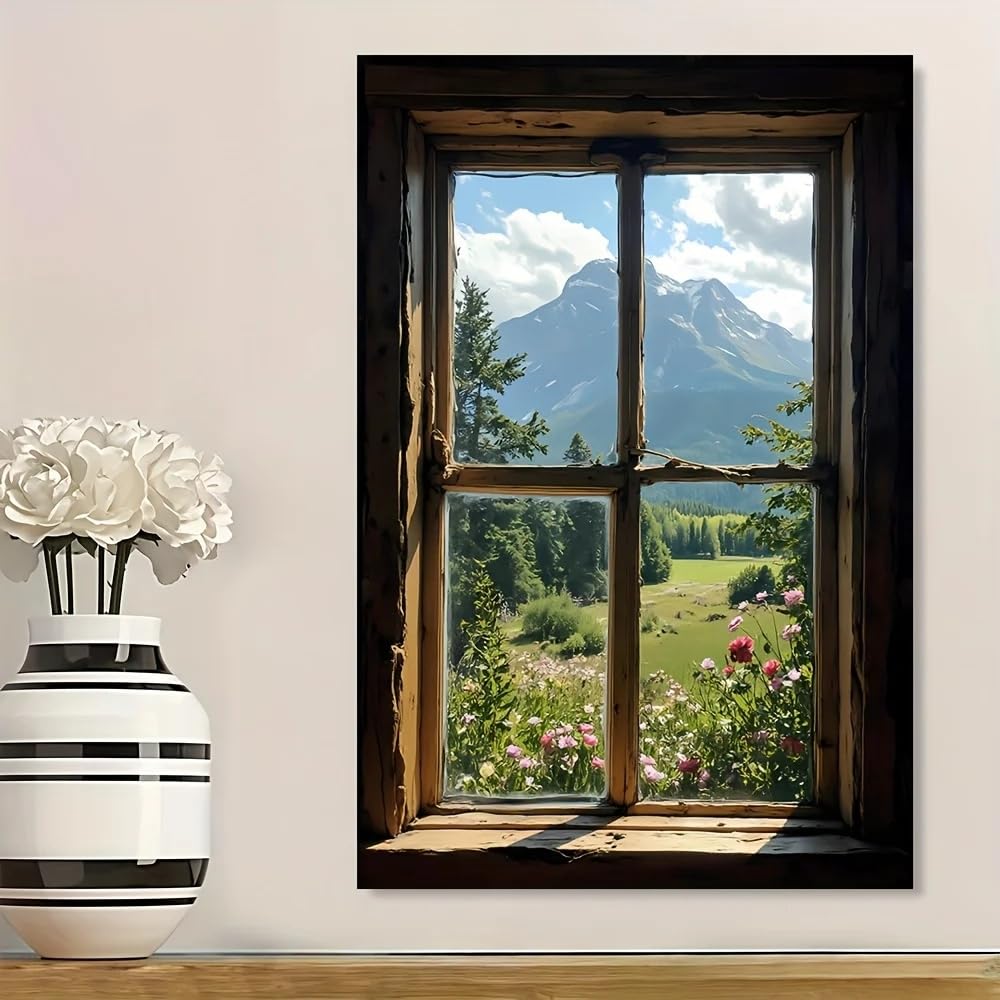 LTjiajuypd Canvas Wall Art Print Serene Landscape With Open Window View, Snow-Capped Mountains Blooming Flowers Modern(30x50CM/Frameless)