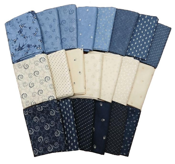 10 Fat Quarters - Bluebird's Nest by Kansas Troubles Quilters by Moda Fat Quarter Bundle Florals Vines Blues Navy Creams Quality Quilters Assorted Cotton Fabrics (M223.21)