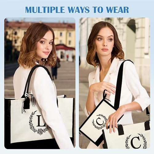 Miniatura 5 de QLOVEAInitial Canvas Tote Bag Makeup Bag, Beach Bag with Zipper, Personalized Birthday Gift for Mom Grandma Sister Friends