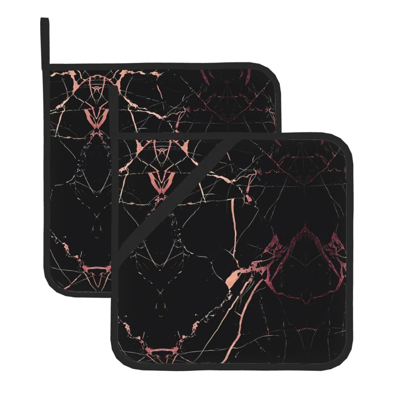 YYHWHJDE Black rose gold Marble Prints Square Hot Pads for Kitchen Counter - Waterproof Pot Holders with Hanging Loop, Durable Trivets for Microwave Oven - 2 Pack