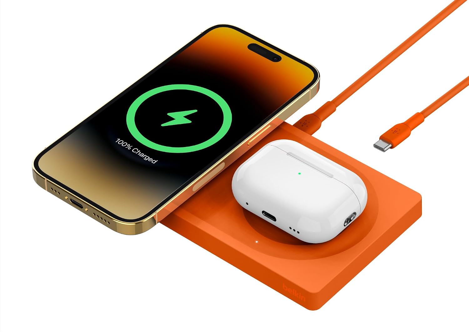 Belkin 2 in 1 MagSafe充電器 最大15W高速充電 ワイヤレス充電器 MagSafe公式認証 iPhone17,16～12 AirPods 対応 AC電源アダプタの付属なし オレンジ WIZ019btOG